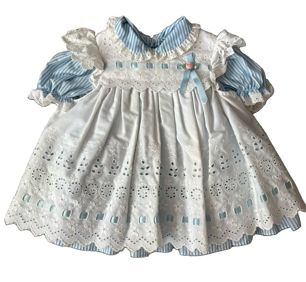 Vintage Baby Togs Sz 12/M Blue Apron Dress Embroidered Lace Collar 90s USA